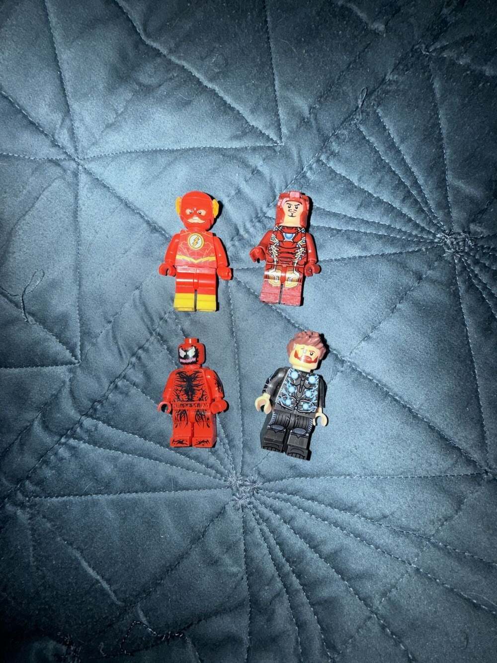 Lot of 4 LEGO Super Hero Minifigures: The Flash, Iron Man, Carnage, and Thor
